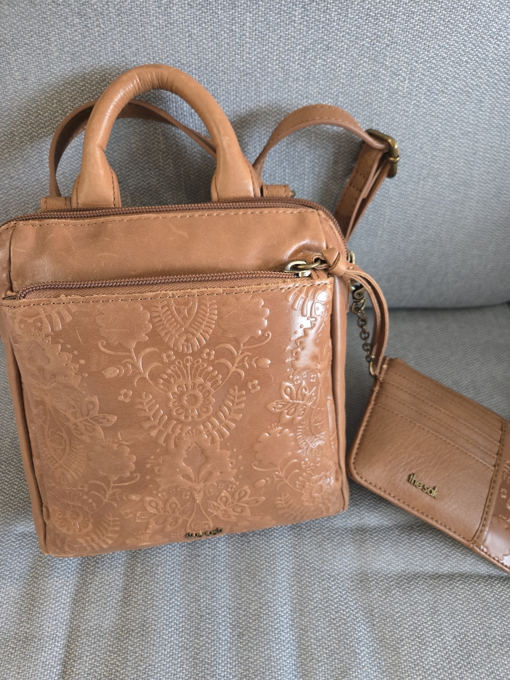 The Sak Tan Embossed Leather Mini Backpack With Detachable Cardholder